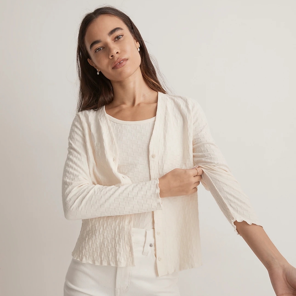 Madewell V-Neck Cardigan in Checkerboard Jacquard - Antique Cream, S